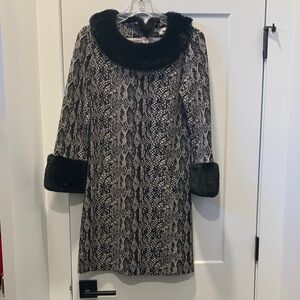 Tyler Boe Black and White Faux Fur Trim Dress